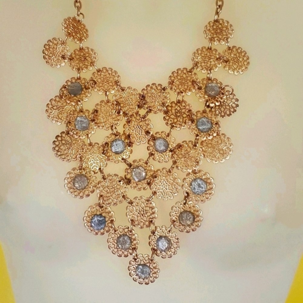 Bib Collar Mid Century Cleopatra Flower Links Necklace Silver Gold Tone Elegant